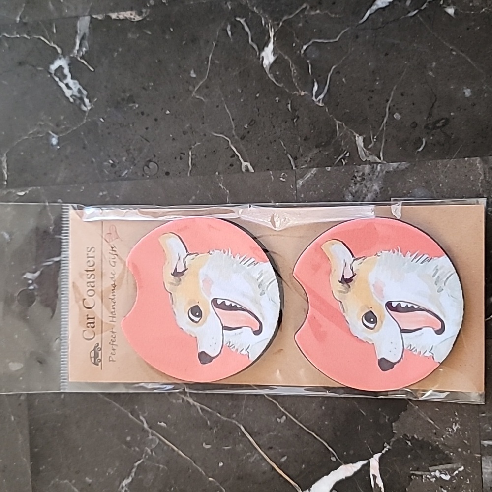 Corgi Dog Smiling Handmade Reuseable Neoprene Set of 2 Cup Holder Car Coasters